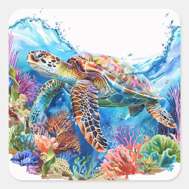 Vibrant Watercolor Sea Turtle Square Sticker (Front)