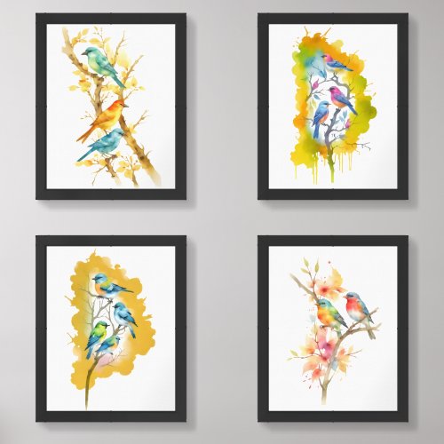 Vibrant Watercolor Songbirds in Tree  Wall Art Sets