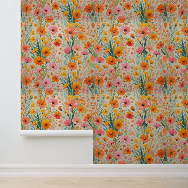 Vibrant Watercolor Spring Floral Peel and Stick Wallpaper (Application)
