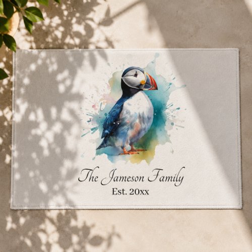 Vibrant Watercolor Standing Puffin Coastal Ocean Doormat