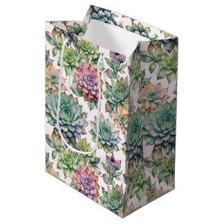 Vibrant Watercolor Succulents Blush Pink & Mint Medium Gift Bag