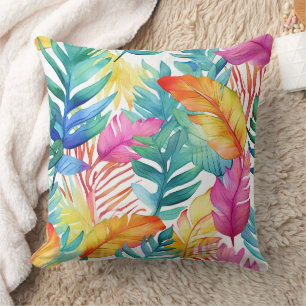 Vibrant Watercolor Tropical Jungle Leaves Throw Pillow