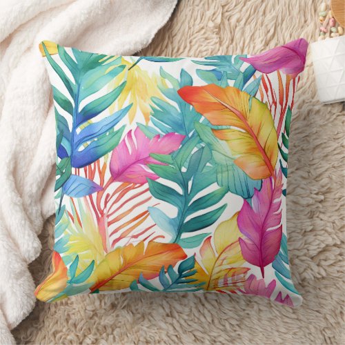 Vibrant Watercolor Tropical Jungle Leaves Throw Pillow