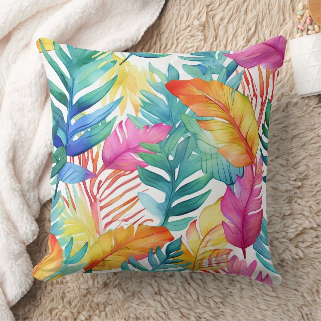 Vibrant Watercolor Tropical Jungle Leaves Throw Pillow (Blanket)