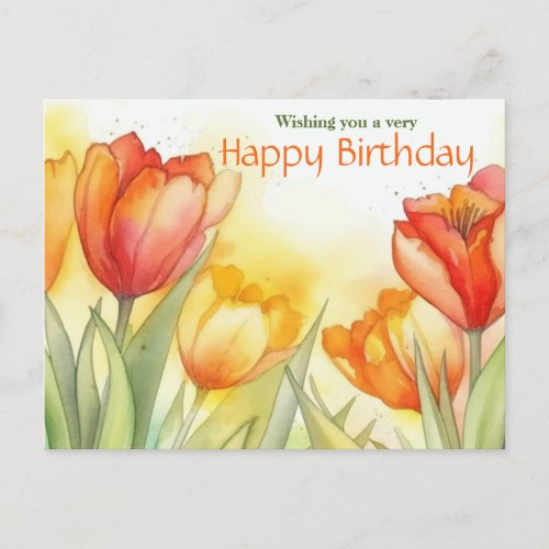 Vibrant Watercolor Tulip Happy Birthday  Postcard