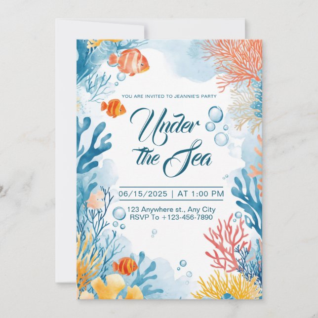 Vibrant Watercolor Under The Sea Party Invitation (Front)