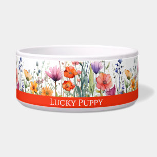 Vibrant Watercolor Wildflowers Custom Dog Bowl