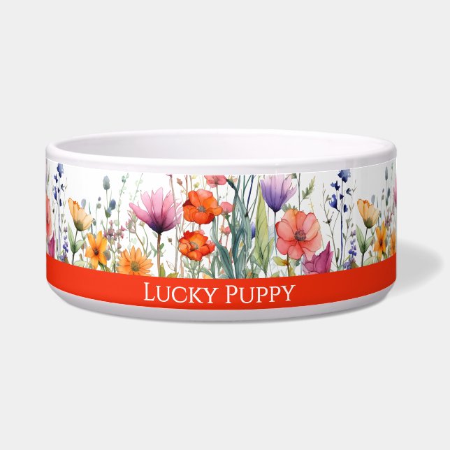Vibrant Watercolor Wildflowers Custom Dog Bowl (Right)