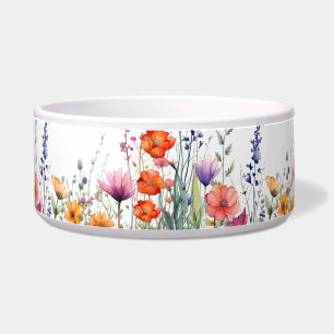 Vibrant Watercolor Wildflowers Floral Dog Bowl