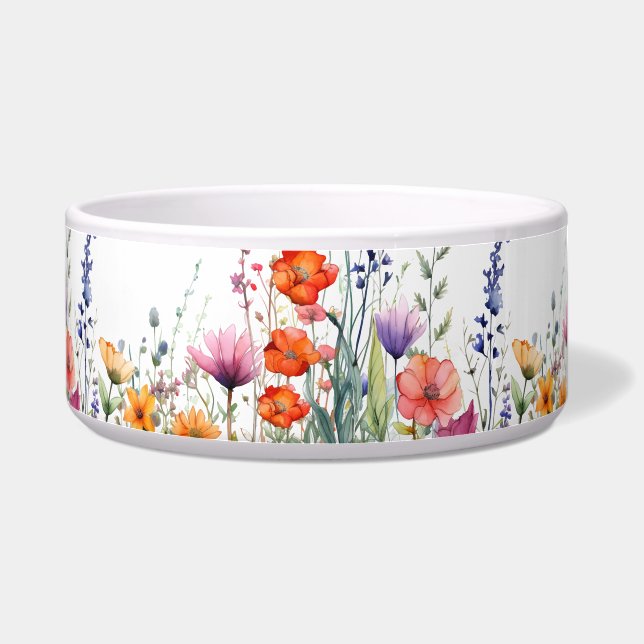 Vibrant Watercolor Wildflowers Floral Dog Bowl (Right)