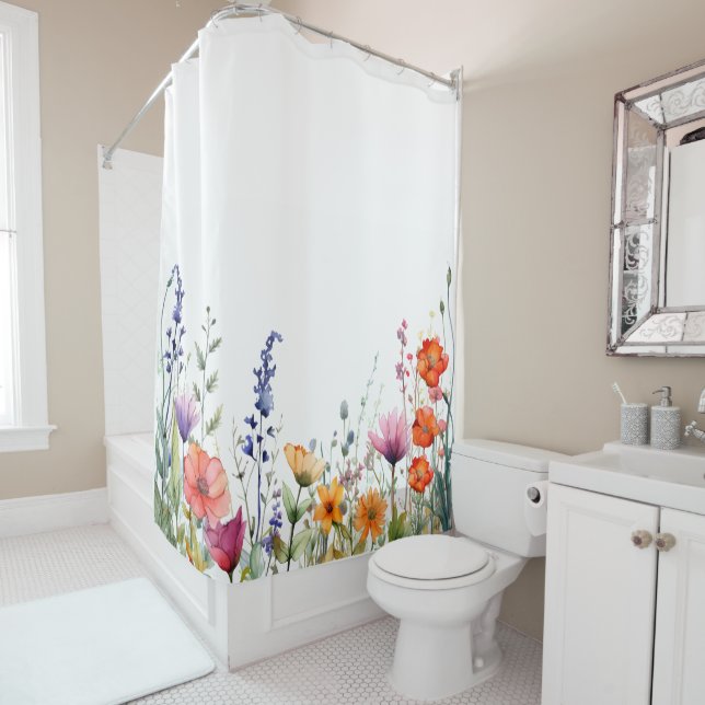 Vibrant Watercolor Wildflowers Pattern Shower Curtain (In Situ)
