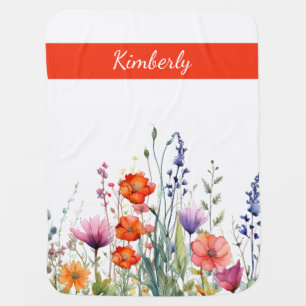 Vibrant Watercolor Wildflowers Personalized Baby Blanket