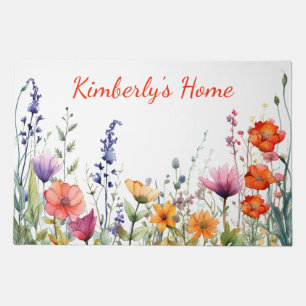 Vibrant Watercolor Wildflowers Personalized Doormat