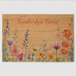 Vibrant Watercolor Wildflowers Personalized Fiber Doormat