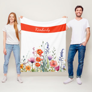 Vibrant Watercolor Wildflowers Personalized Fleece Blanket