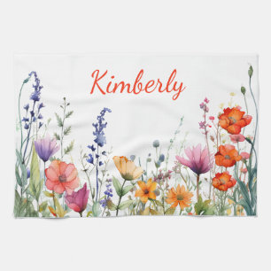 Vibrant Watercolor Wildflowers Personalized Kitchen Towel