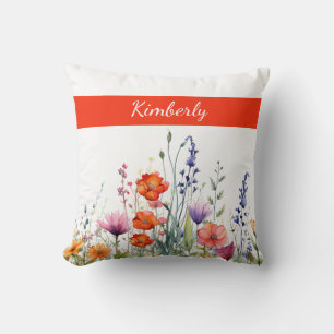 Vibrant Watercolor Wildflowers Personalized Throw Pillow