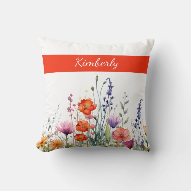 Vibrant Watercolor Wildflowers Personalized Throw Pillow (Front)