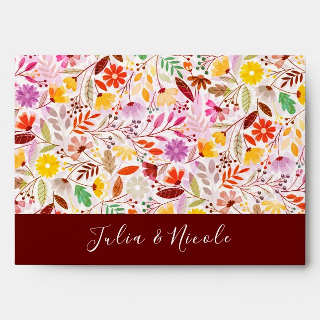 Vibrant Watercolors Summer Tulip Flowers Wedding Envelope (Front)