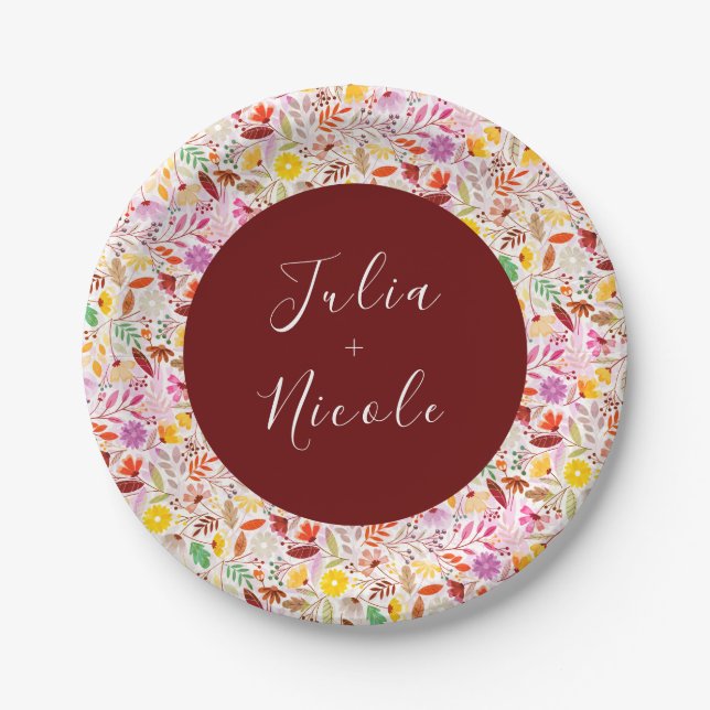 Vibrant Watercolors Summer Tulip Flowers Wedding Paper Plates (Front)