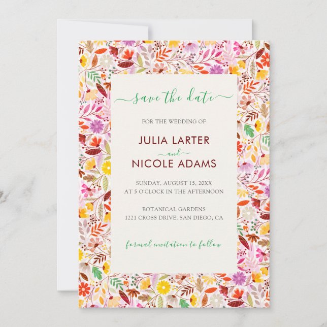 Vibrant Watercolors Summer Tulip Flowers Wedding Save The Date (Front)