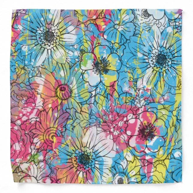vibrant watercolours splatters floral sketch bandana (Front)