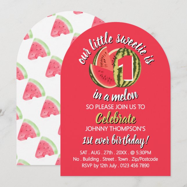 Vibrant Watermelon, One in a Melon, 1st Birthday Invitation (Front/Back)