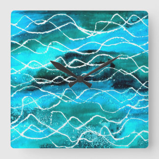 Vibrant Waves Clock, Turquoise, White, Black Square Wall Clock