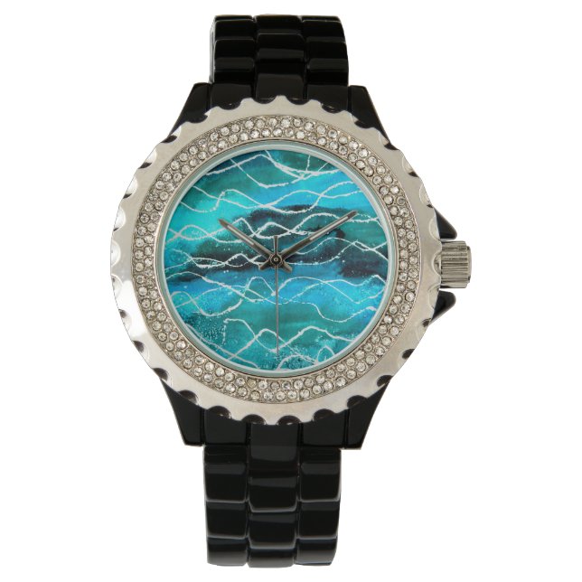 Vibrant Waves Turquoise, White, Black Abstract Watch (Front)