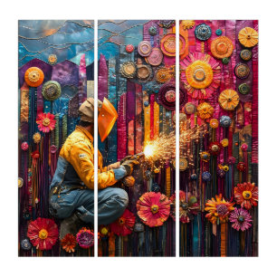 Vibrant Welding Art - Welder in Floral Industrial