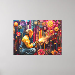Vibrant Welding Art - Welder in Floral Industrial Canvas Print