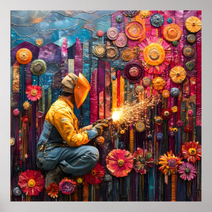 Vibrant Welding Art - Welder in Floral Industrial  Poster