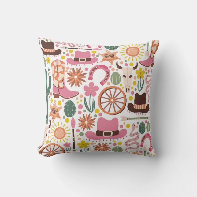 Vibrant Western Cowgirl Pattern Throw Pillow (Front)