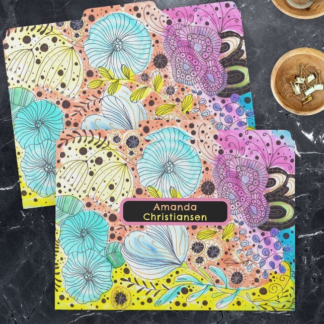 Vibrant Whimsical Cool Floral Hand-drawn Doodles File Folder (Creator Uploaded)