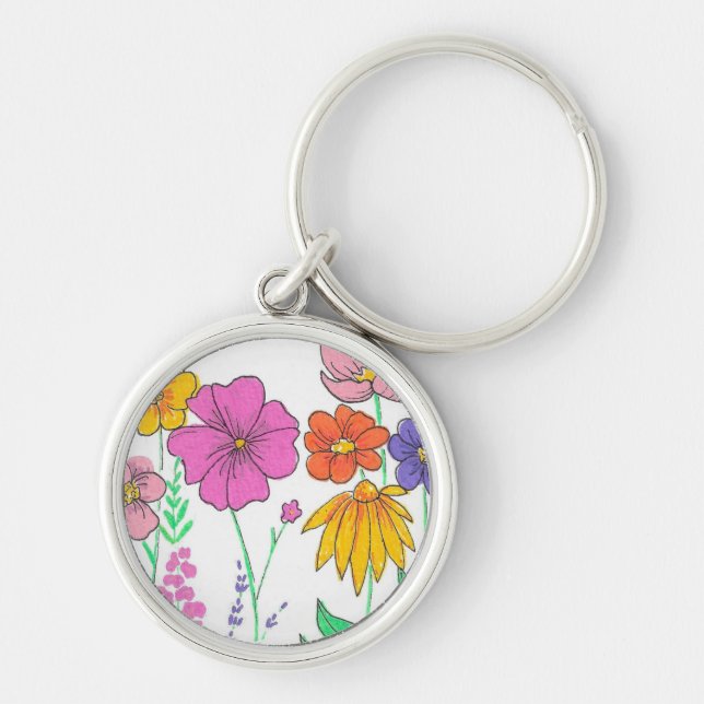Vibrant Whimsical Painted Flowers Keychain (Front)