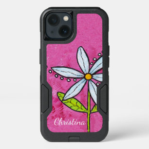 Vibrant White Daisy Flower Green Leaves on Pink iPhone 13 Case