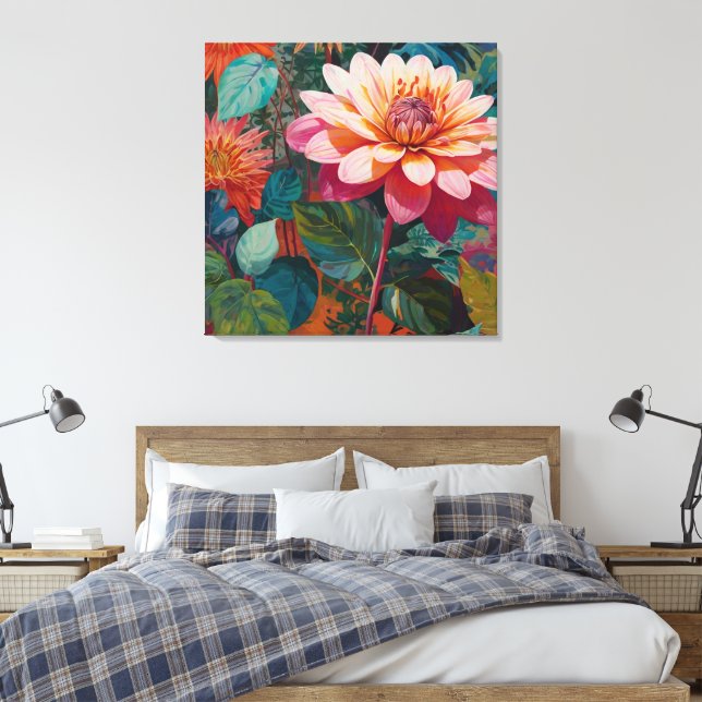 Vibrant Wild Garden Floral with Bold Pink Gerbera Canvas Print (Insitu(Bedroom))