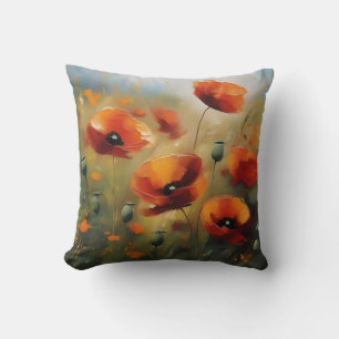 Vibrant Wild Poppies Serene Field Throw Pillow
