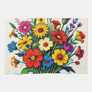 Vibrant Wildflower Bouquet Folk Art Kitchen Towel