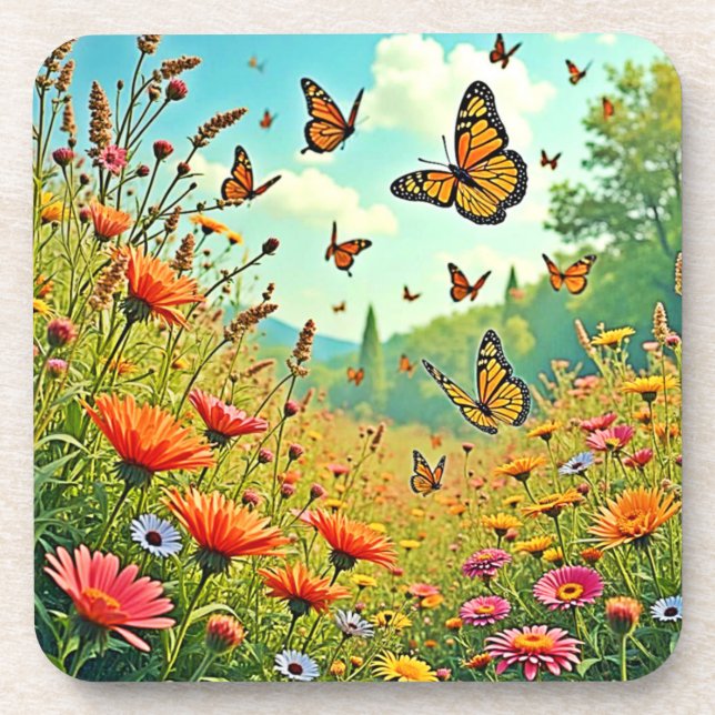 Vibrant Wildflower Butterfly Joy Design Beverage Coaster (Front)