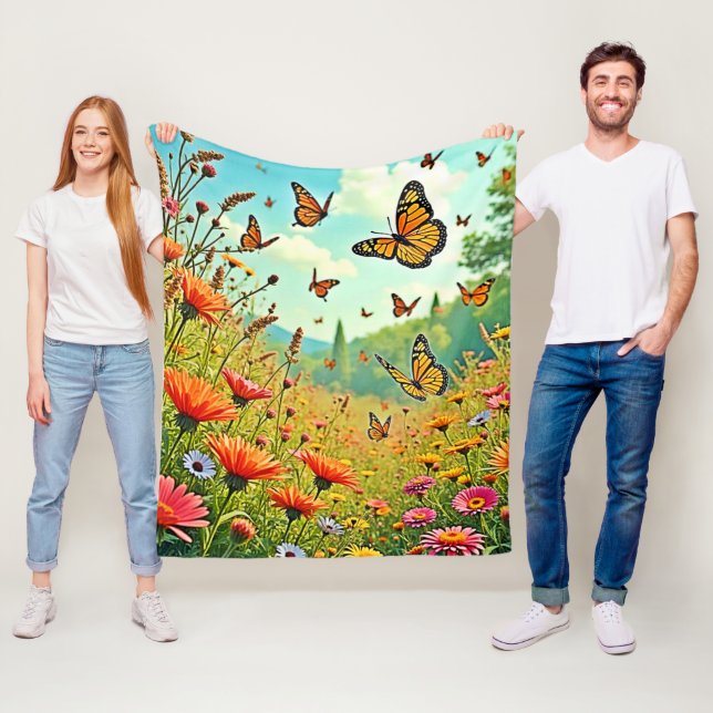 Vibrant Wildflower Butterfly Joy Design Fleece Blanket (In Situ)