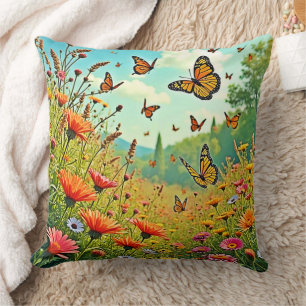 Vibrant Wildflower Butterfly Joy Design Throw Pillow