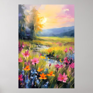 Vibrant Wildflower Meadow at Sunset Poster