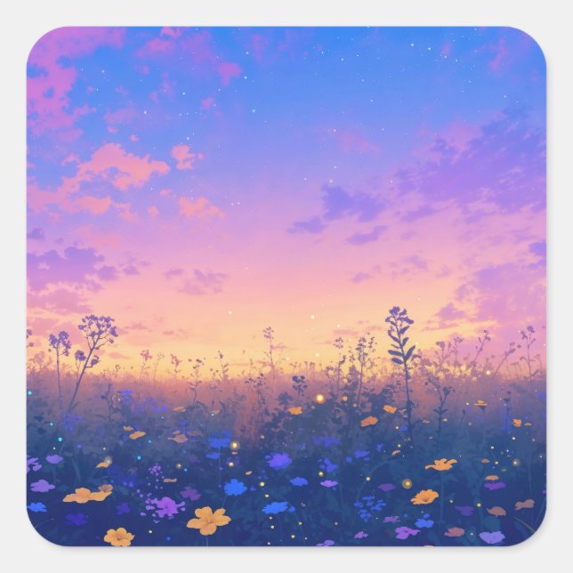 Vibrant Wildflower Meadow at Sunset Sky Square Sticker (Front)