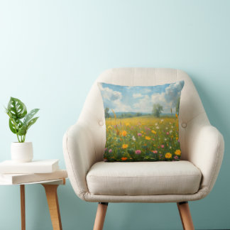Vibrant Wildflower Meadow Oil Painting Style Flora Throw Pillow