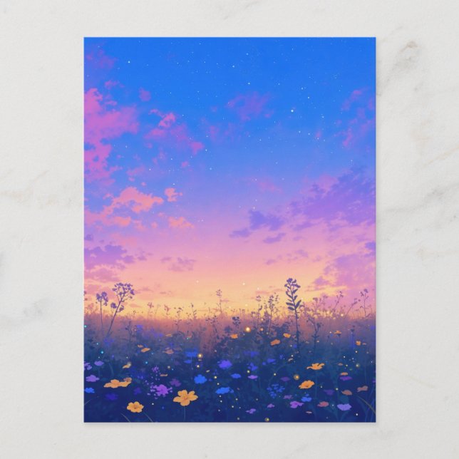 Vibrant Wildflower Meadow Under Starry Sunset Postcard (Front)