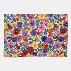 Vibrant Wildflower Pansy Botanical Pattern Kitchen Towel