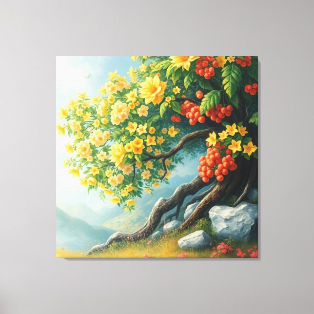 Vibrant Wildflower Tree with Mountain Backdrop Canvas Print (Front)