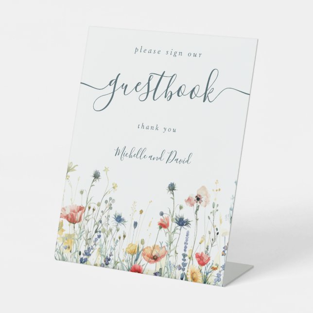 Vibrant Wildflower Wedding Guest Book Pedestal Sign (Front)