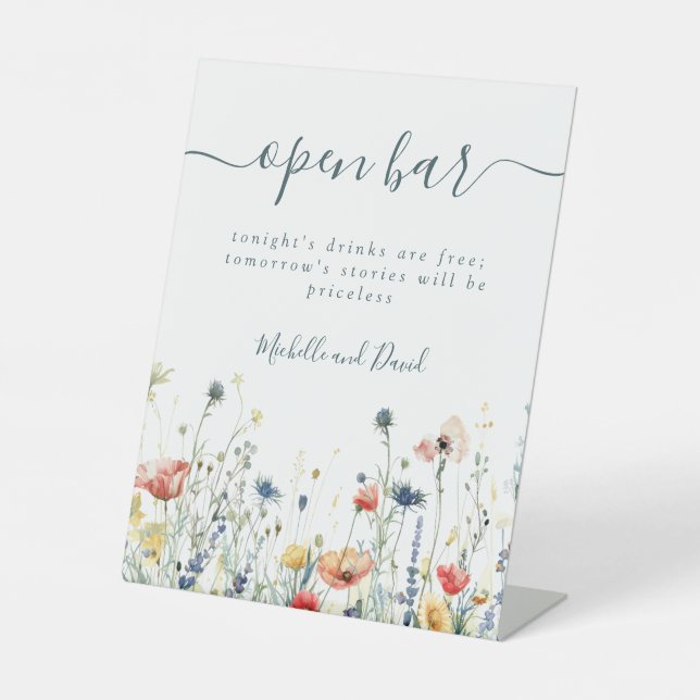 Vibrant Wildflower Wedding Open Bar Pedestal Sign (Front)